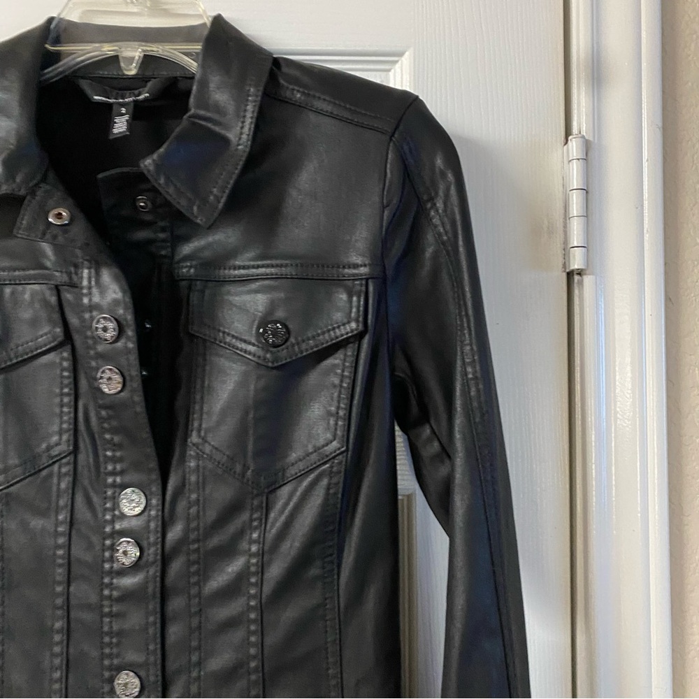 White House Black Market Coated Black Faux Leather Jacket Dress Size 2 - Picture 3 of 15